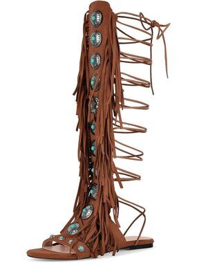 Boho Chic Jewel Fringe Open Toe Flat Sandals with Lace Up & Tassel Detail